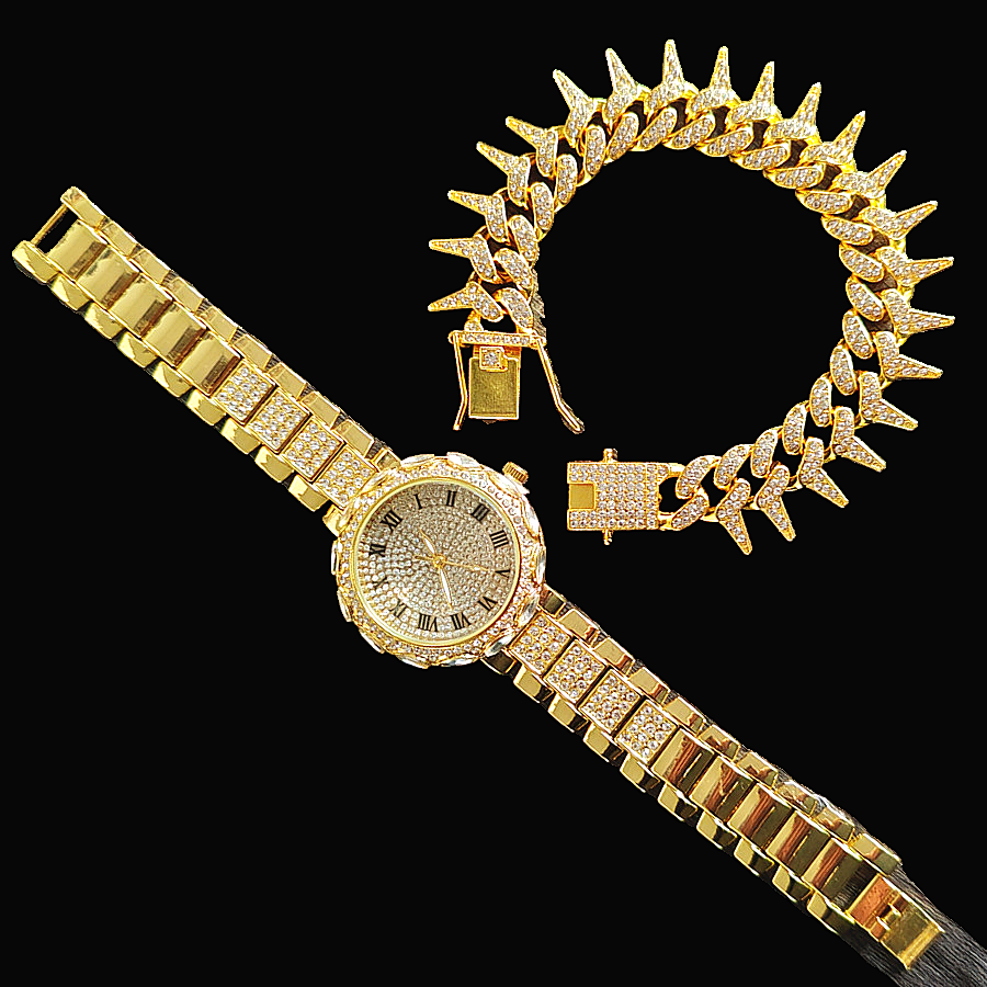 2pcs/set Ice Watches & Thorn Bracelet Set - Sparkling Quartz Watch Jewelry for Men/Women Retro Hip-Hop Style Unisex Gift for Evening Parties
