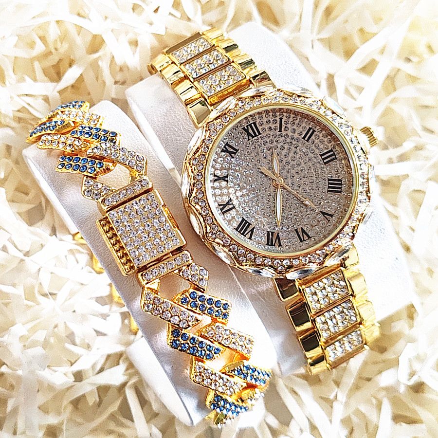 2pcs/set Ice Watches & Thorn Bracelet Set - Sparkling Quartz Watch Jewelry for Men/Women Retro Hip-Hop Style Unisex Gift for Evening Parties