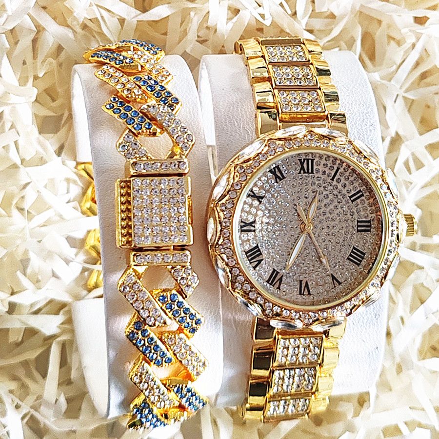 2pcs/set Ice Watches & Thorn Bracelet Set - Sparkling Quartz Watch Jewelry for Men/Women Retro Hip-Hop Style Unisex Gift for Evening Parties
