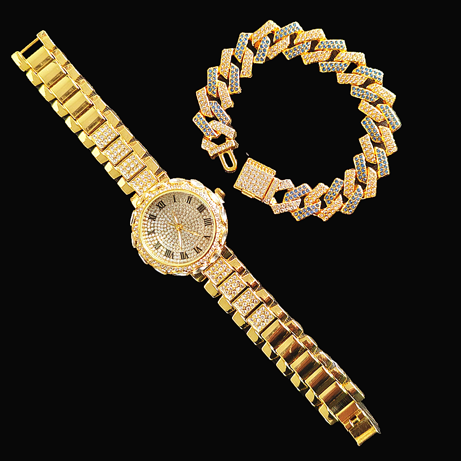 2pcs/set Ice Watches & Thorn Bracelet Set - Sparkling Quartz Watch Jewelry for Men/Women Retro Hip-Hop Style Unisex Gift for Evening Parties
