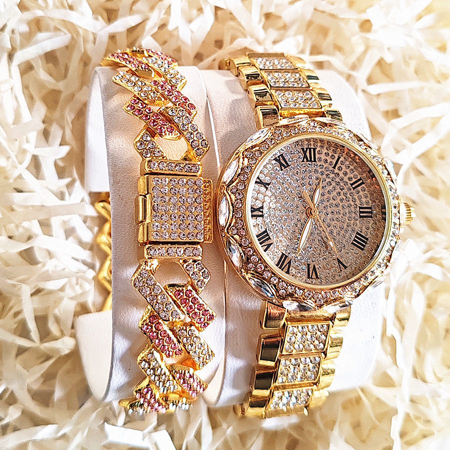 2pcs/set Ice Watches & Thorn Bracelet Set - Sparkling Quartz Watch Jewelry for Men/Women Retro Hip-Hop Style Unisex Gift for Evening Parties