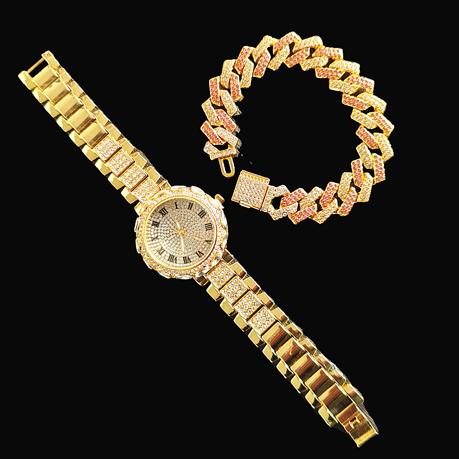 2pcs/set Ice Watches & Thorn Bracelet Set - Sparkling Quartz Watch Jewelry for Men/Women Retro Hip-Hop Style Unisex Gift for Evening Parties