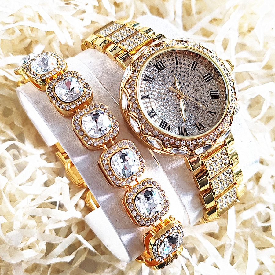 2pcs/set Ice Watches & Thorn Bracelet Set - Sparkling Quartz Watch Jewelry for Men/Women Retro Hip-Hop Style Unisex Gift for Evening Parties