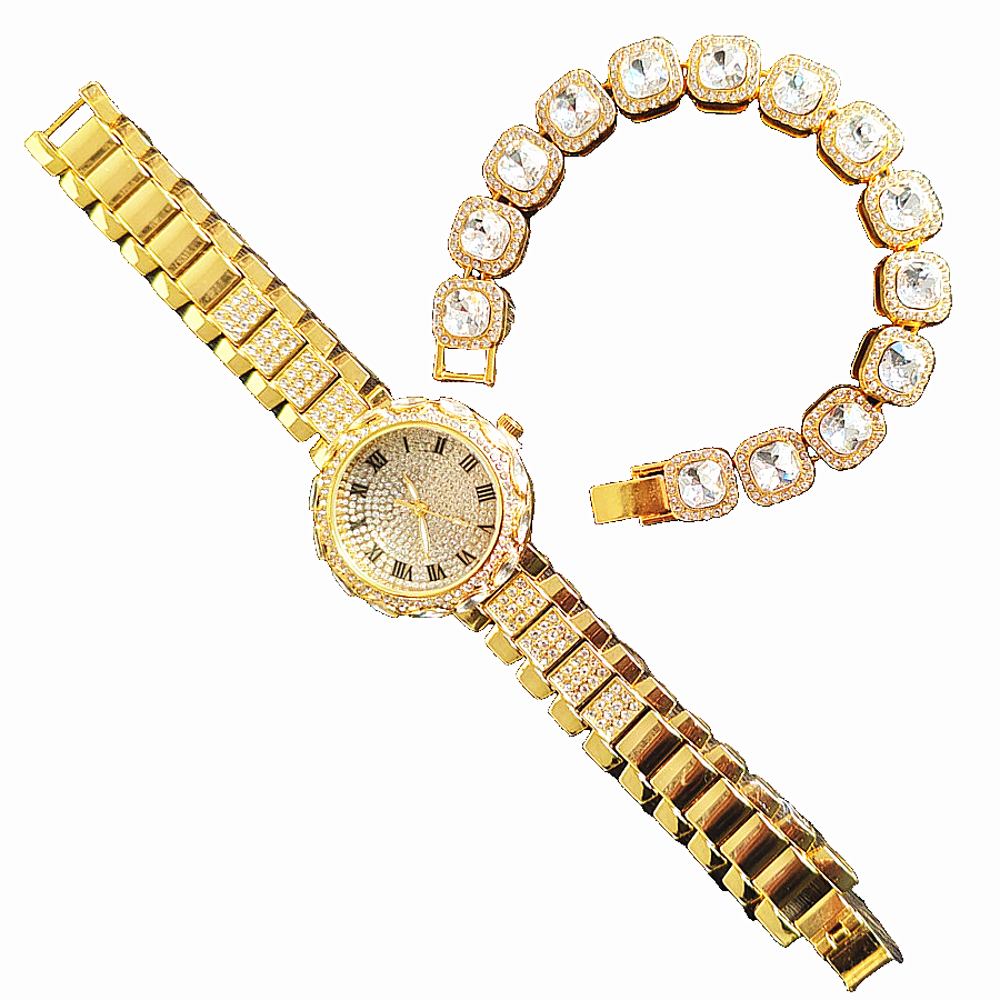 2pcs/set Ice Watches & Thorn Bracelet Set - Sparkling Quartz Watch Jewelry for Men/Women Retro Hip-Hop Style Unisex Gift for Evening Parties