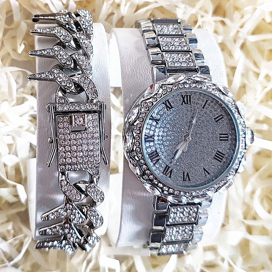 2pcs/set Ice Watches & Thorn Bracelet Set - Sparkling Quartz Watch Jewelry for Men/Women Retro Hip-Hop Style Unisex Gift for Evening Parties