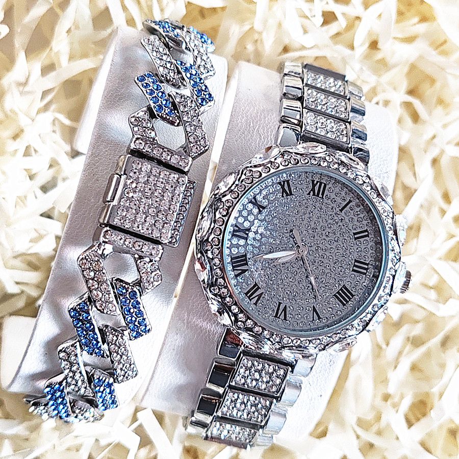 2pcs/set Ice Watches & Thorn Bracelet Set - Sparkling Quartz Watch Jewelry for Men/Women Retro Hip-Hop Style Unisex Gift for Evening Parties