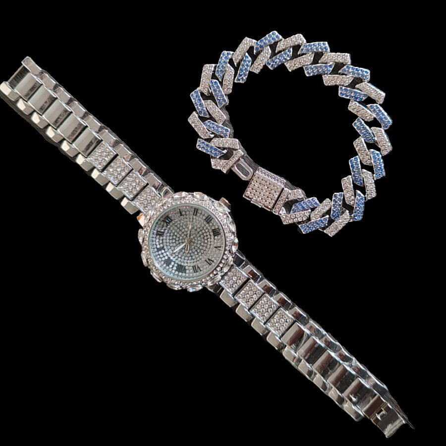 2pcs/set Ice Watches & Thorn Bracelet Set - Sparkling Quartz Watch Jewelry for Men/Women Retro Hip-Hop Style Unisex Gift for Evening Parties