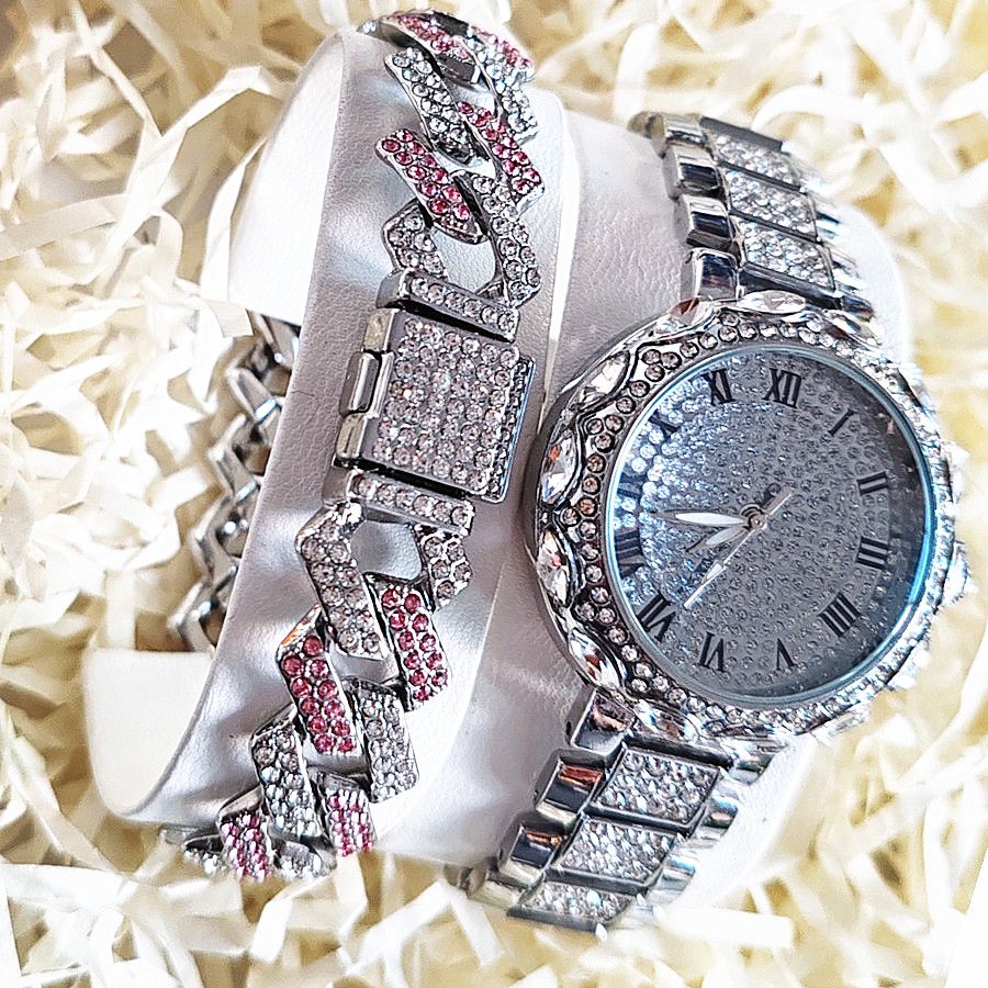 2pcs/set Ice Watches & Thorn Bracelet Set - Sparkling Quartz Watch Jewelry for Men/Women Retro Hip-Hop Style Unisex Gift for Evening Parties