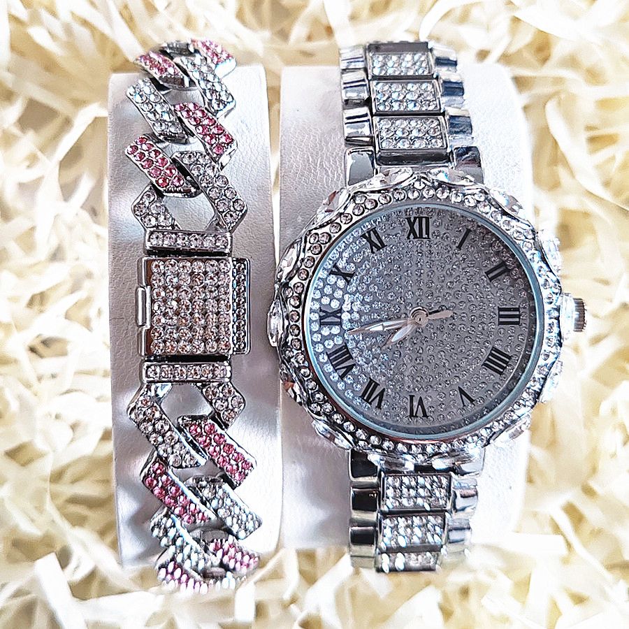 2pcs/set Ice Watches & Thorn Bracelet Set - Sparkling Quartz Watch Jewelry for Men/Women Retro Hip-Hop Style Unisex Gift for Evening Parties