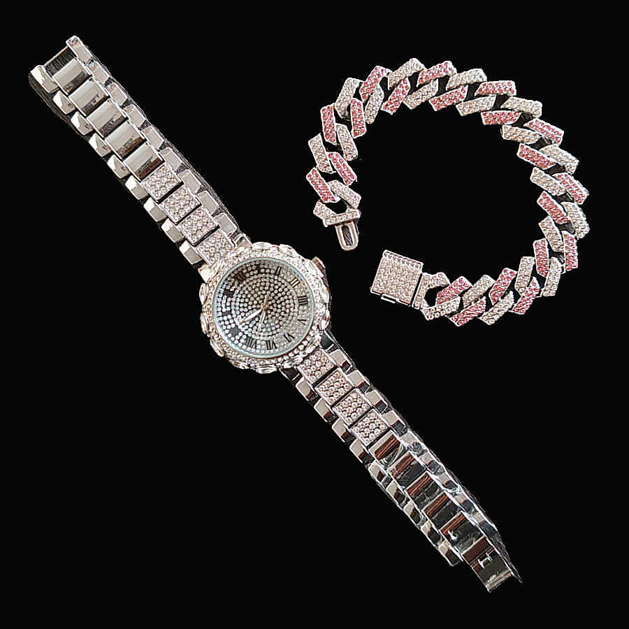 2pcs/set Ice Watches & Thorn Bracelet Set - Sparkling Quartz Watch Jewelry for Men/Women Retro Hip-Hop Style Unisex Gift for Evening Parties