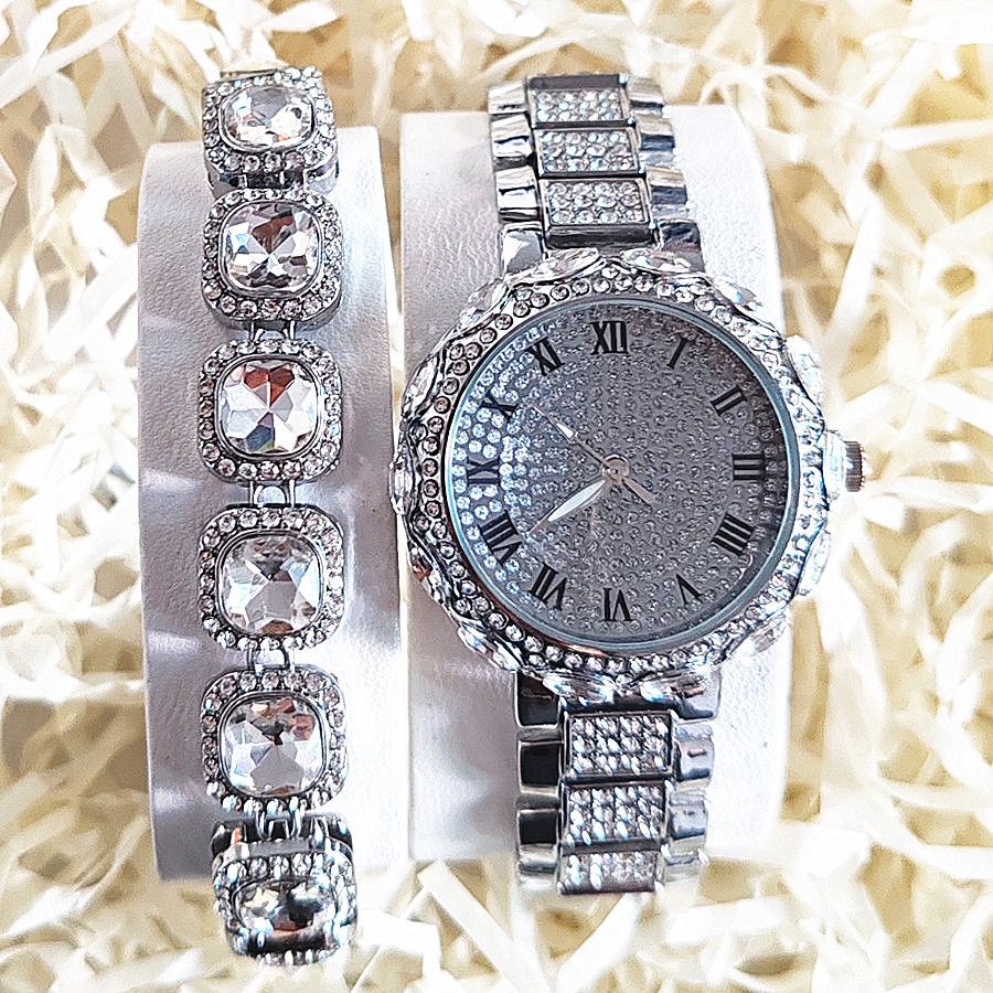 2pcs/set Ice Watches & Thorn Bracelet Set - Sparkling Quartz Watch Jewelry for Men/Women Retro Hip-Hop Style Unisex Gift for Evening Parties