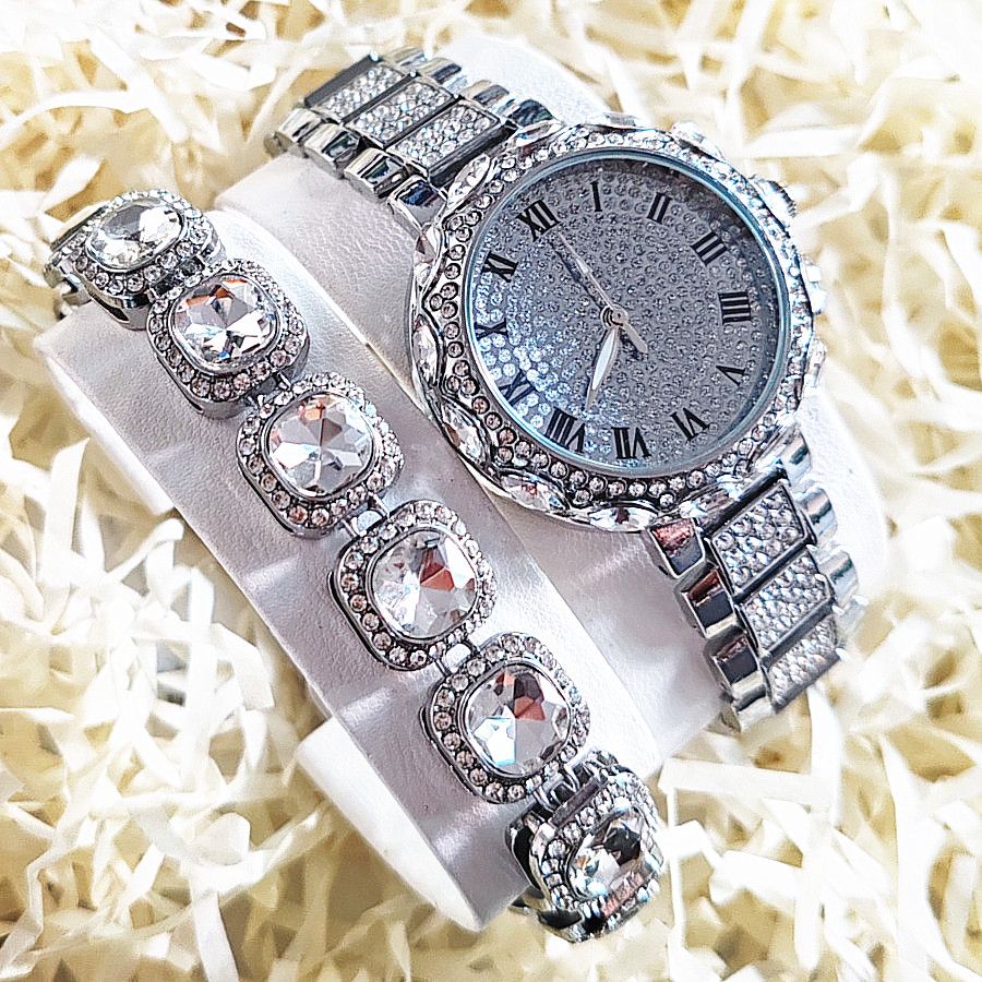 2pcs/set Ice Watches & Thorn Bracelet Set - Sparkling Quartz Watch Jewelry for Men/Women Retro Hip-Hop Style Unisex Gift for Evening Parties