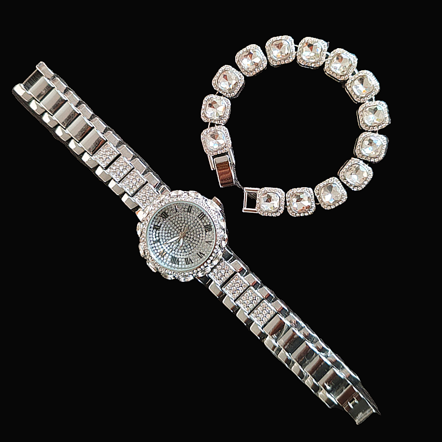 2pcs/set Ice Watches & Thorn Bracelet Set - Sparkling Quartz Watch Jewelry for Men/Women Retro Hip-Hop Style Unisex Gift for Evening Parties