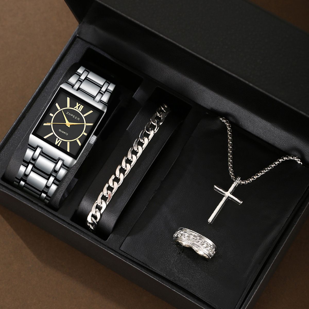 4pcs/set Gold Hip-Hop Jewelry Set - Square Quartz Watch & Necklace Bracelet Ring Combo for Men Business Casual Unisex Gift (Stainless Steel, African Style)
