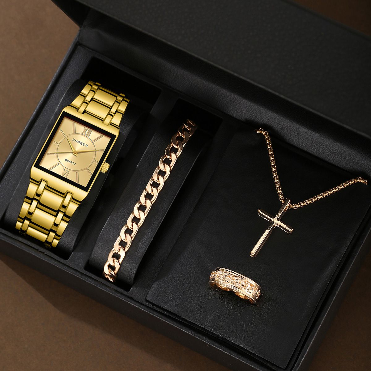 4pcs/set Gold Hip-Hop Jewelry Set - Square Quartz Watch & Necklace Bracelet Ring Combo for Men Business Casual Unisex Gift (Stainless Steel, African Style)