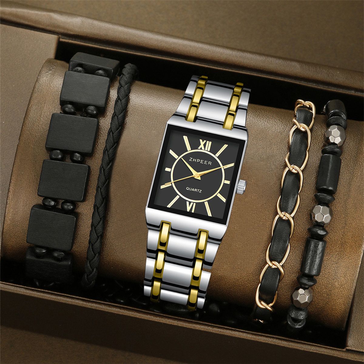 4pcs/set Gold Hip-Hop Jewelry Set - Square Quartz Watch & Necklace Bracelet Ring Combo for Men Business Casual Unisex Gift (Stainless Steel, African Style)