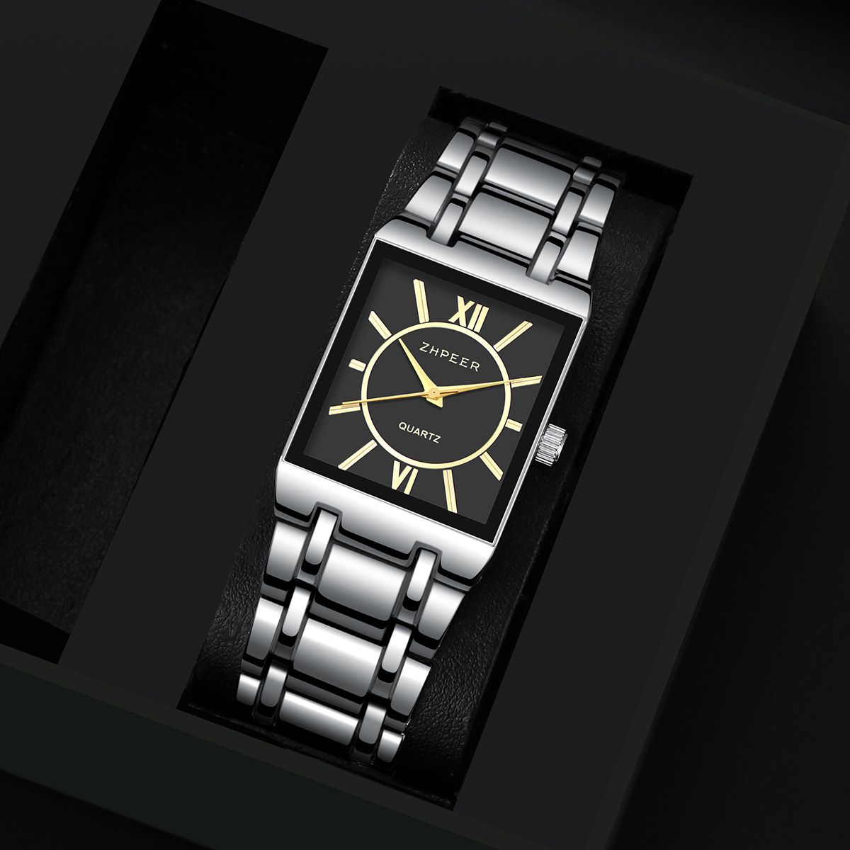 4pcs/set Gold Hip-Hop Jewelry Set - Square Quartz Watch & Necklace Bracelet Ring Combo for Men Business Casual Unisex Gift (Stainless Steel, African Style)