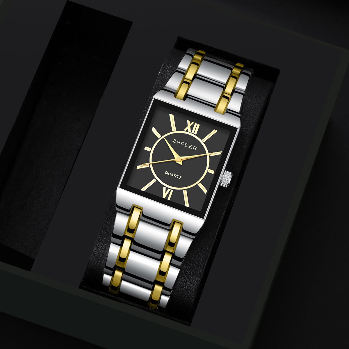 4pcs/set Gold Hip-Hop Jewelry Set - Square Quartz Watch & Necklace Bracelet Ring Combo for Men Business Casual Unisex Gift (Stainless Steel, African Style)