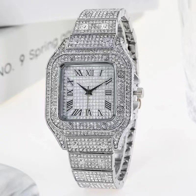 3pcs/set African Hip-Hop Jewelry Combo - Silver Quartz Watch + Necklace + Bracelet Set for Men Stainless Steel Daily & Party Gift (Sparkling Crystals)