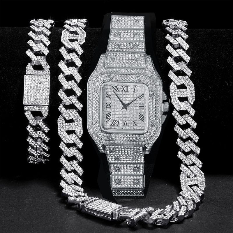 3pcs/set African Hip-Hop Jewelry Combo - Silver Quartz Watch + Necklace + Bracelet Set for Men Stainless Steel Daily & Party Gift (Sparkling Crystals)