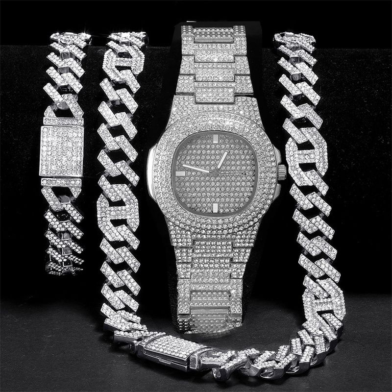 3pcs/set African Hip-Hop Jewelry Combo - Silver Quartz Watch + Necklace + Bracelet Set for Men Stainless Steel Daily & Party Gift (Sparkling Crystals)