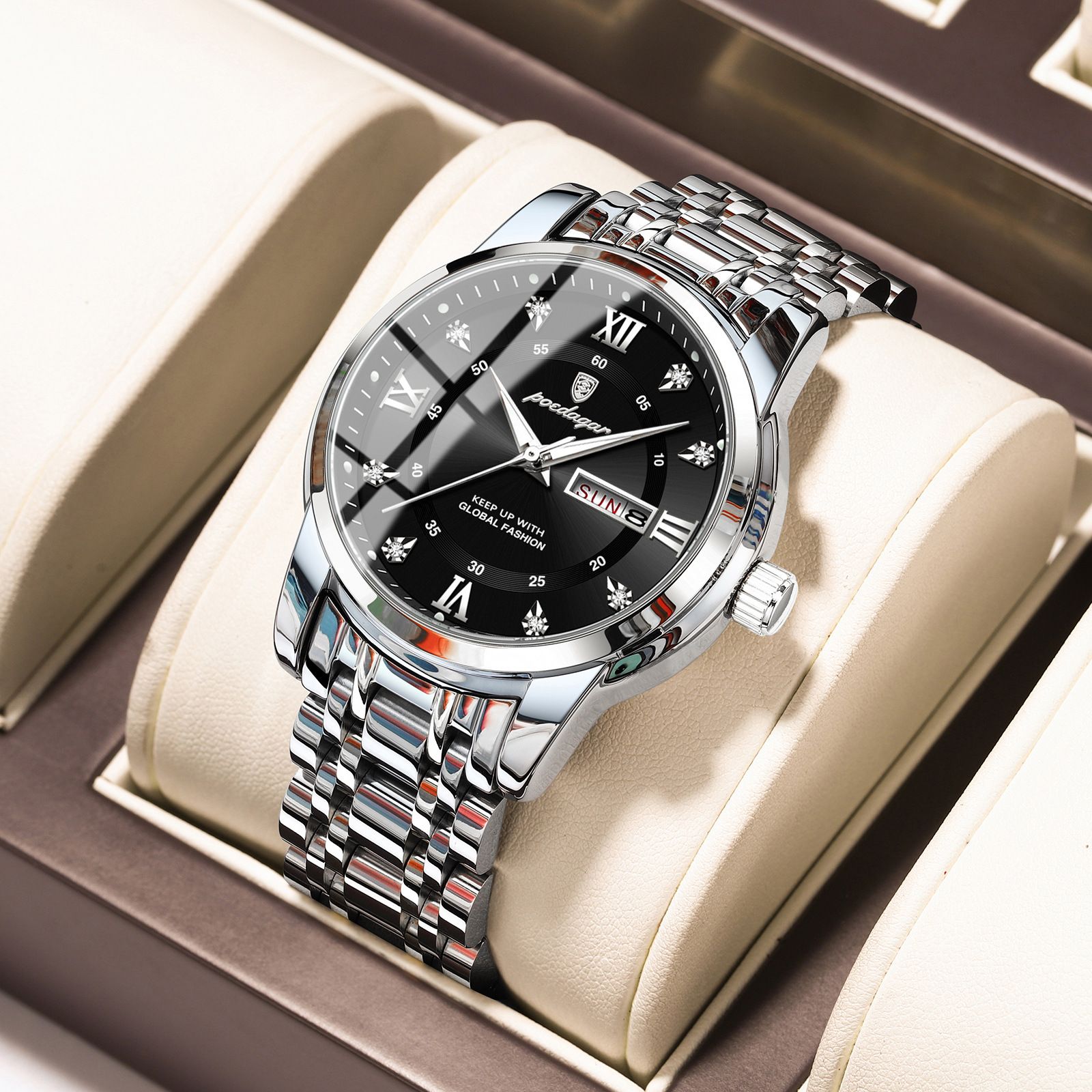 Swiss Men's Waterproof Watch - Luminous Dual Calendar Stainless Steel Quartz Wristwatch for Business/Casual (Shockproof, African Climate Ready)