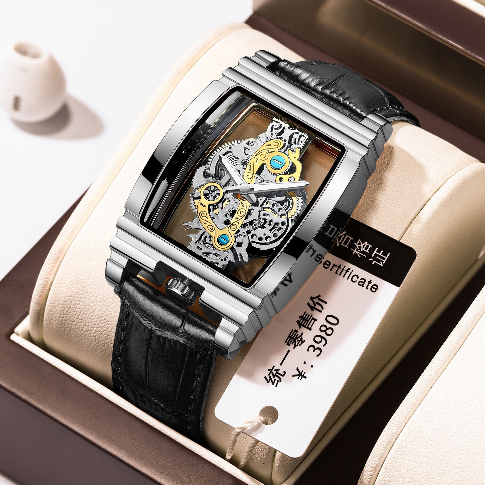 Men's Rugged Barrel Watch - Skeleton Gear Dial with Luminous Hands,30M Strong Pressure Waterproof Stainless Steel/Leather Band for Business & Motorcycle Style (African Climate Ready)