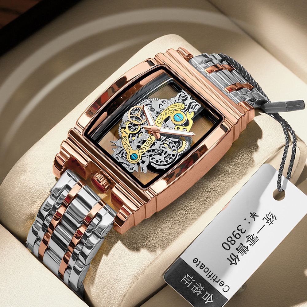 Men's Rugged Barrel Watch - Skeleton Gear Dial with Luminous Hands,30M Strong Pressure Waterproof Stainless Steel/Leather Band for Business & Motorcycle Style (African Climate Ready)