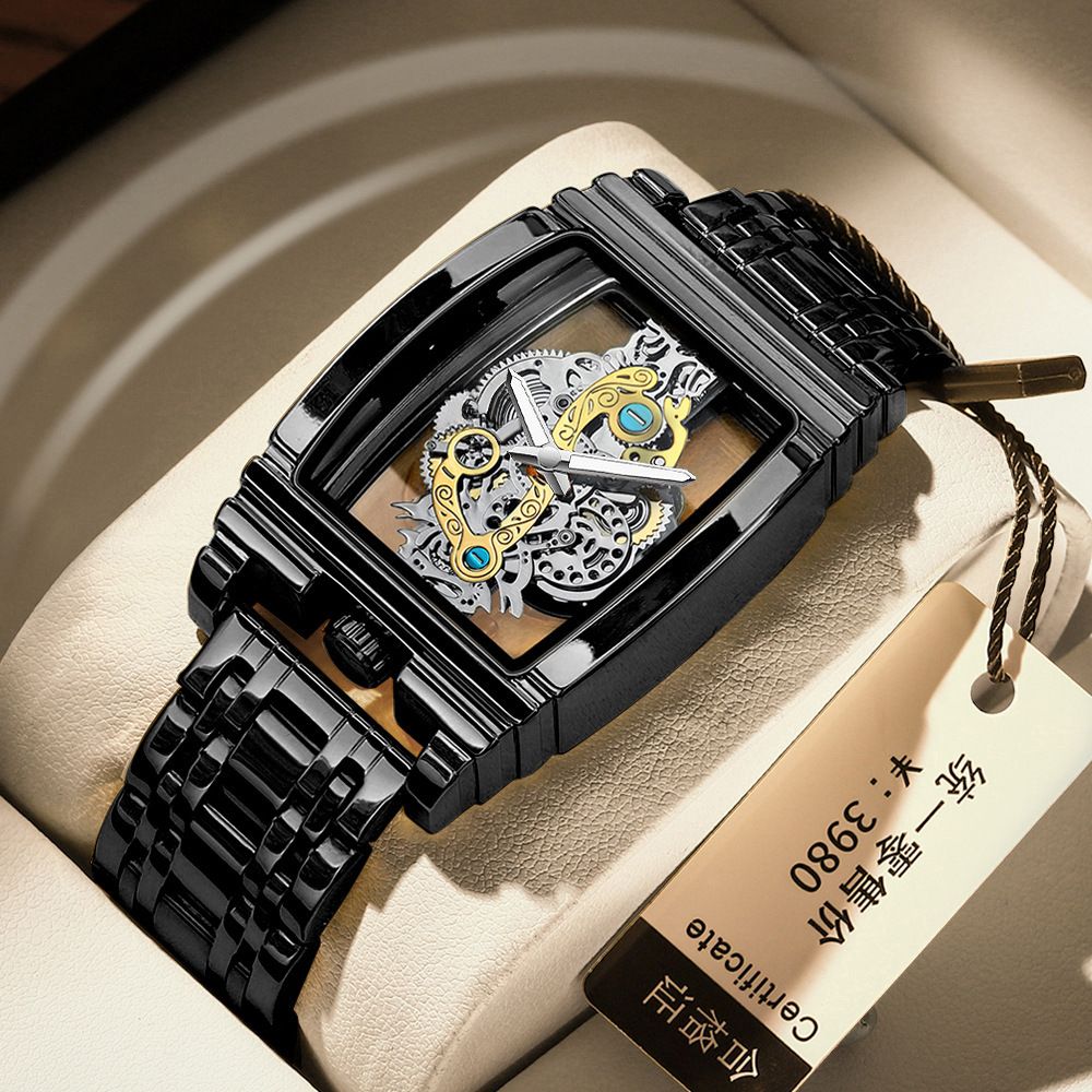 Men's Rugged Barrel Watch - Skeleton Gear Dial with Luminous Hands,30M Strong Pressure Waterproof Stainless Steel/Leather Band for Business & Motorcycle Style (African Climate Ready)