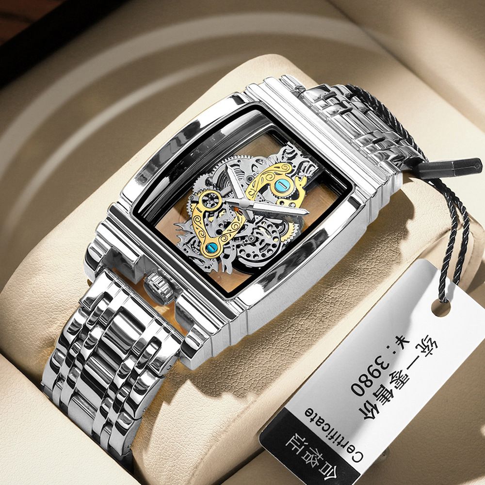 Men's Rugged Barrel Watch - Skeleton Gear Dial with Luminous Hands,30M Strong Pressure Waterproof Stainless Steel/Leather Band for Business & Motorcycle Style (African Climate Ready)