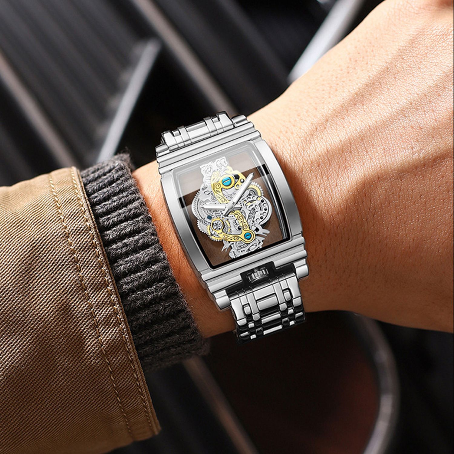 Men's Rugged Barrel Watch - Skeleton Gear Dial with Luminous Hands,30M Strong Pressure Waterproof Stainless Steel/Leather Band for Business & Motorcycle Style (African Climate Ready)