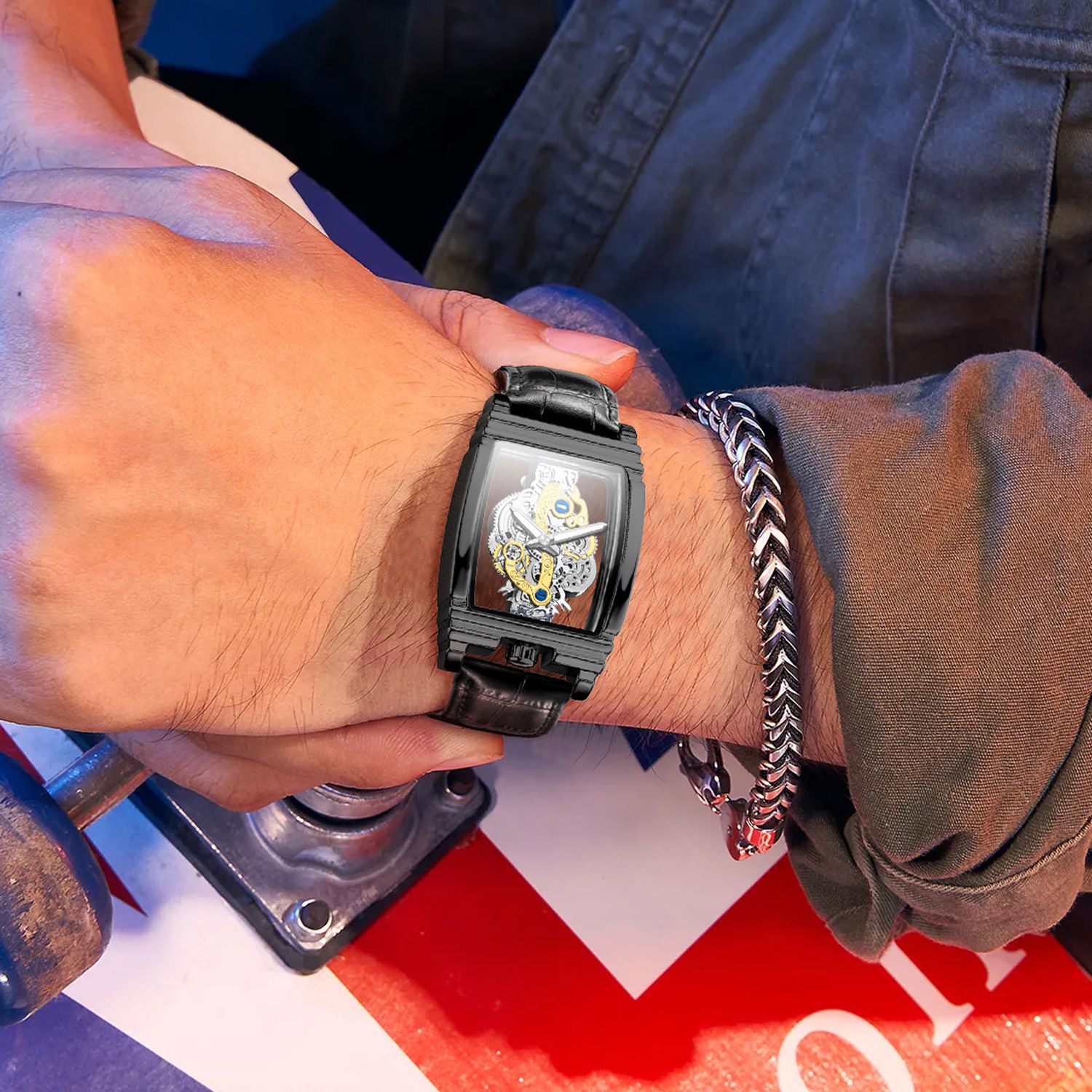Men's Rugged Barrel Watch - Skeleton Gear Dial with Luminous Hands,30M Strong Pressure Waterproof Stainless Steel/Leather Band for Business & Motorcycle Style (African Climate Ready)