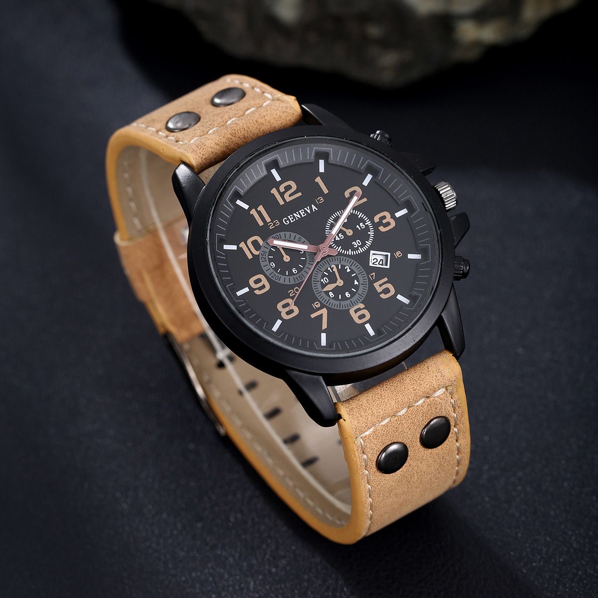 2025 New African Men's Watch Jewelry Set-Three-eye Digital Calendar Trend Casual Business Belt Quartz Watch,Beaded / Metal Bracelet Hand Rope Combo