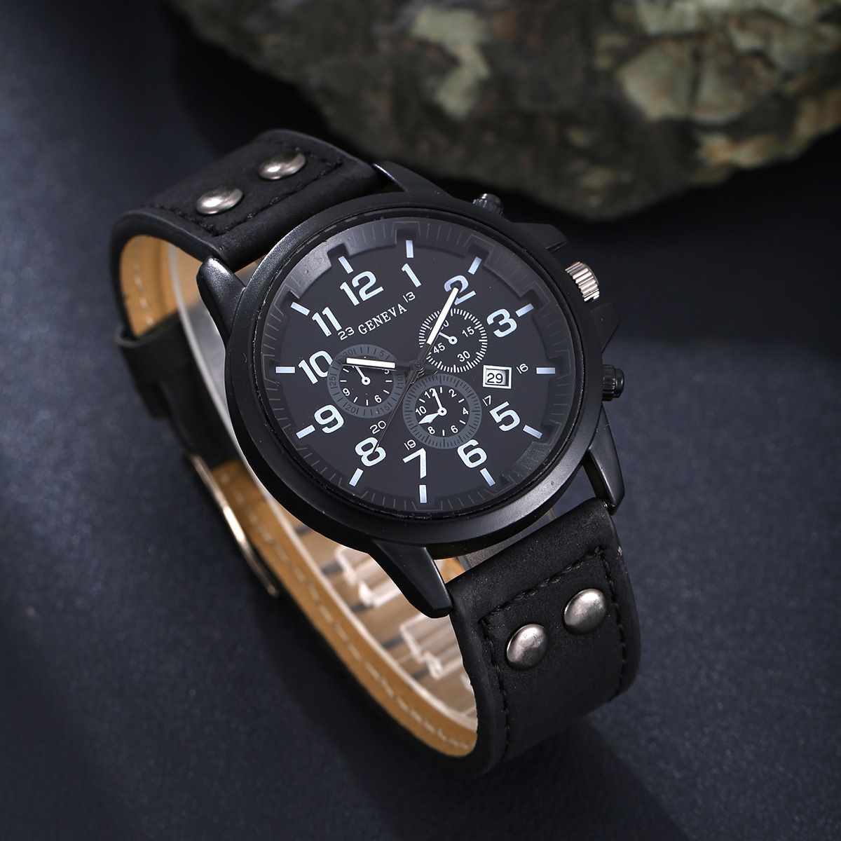 2025 New African Men's Watch Jewelry Set-Three-eye Digital Calendar Trend Casual Business Belt Quartz Watch,Beaded / Metal Bracelet Hand Rope Combo