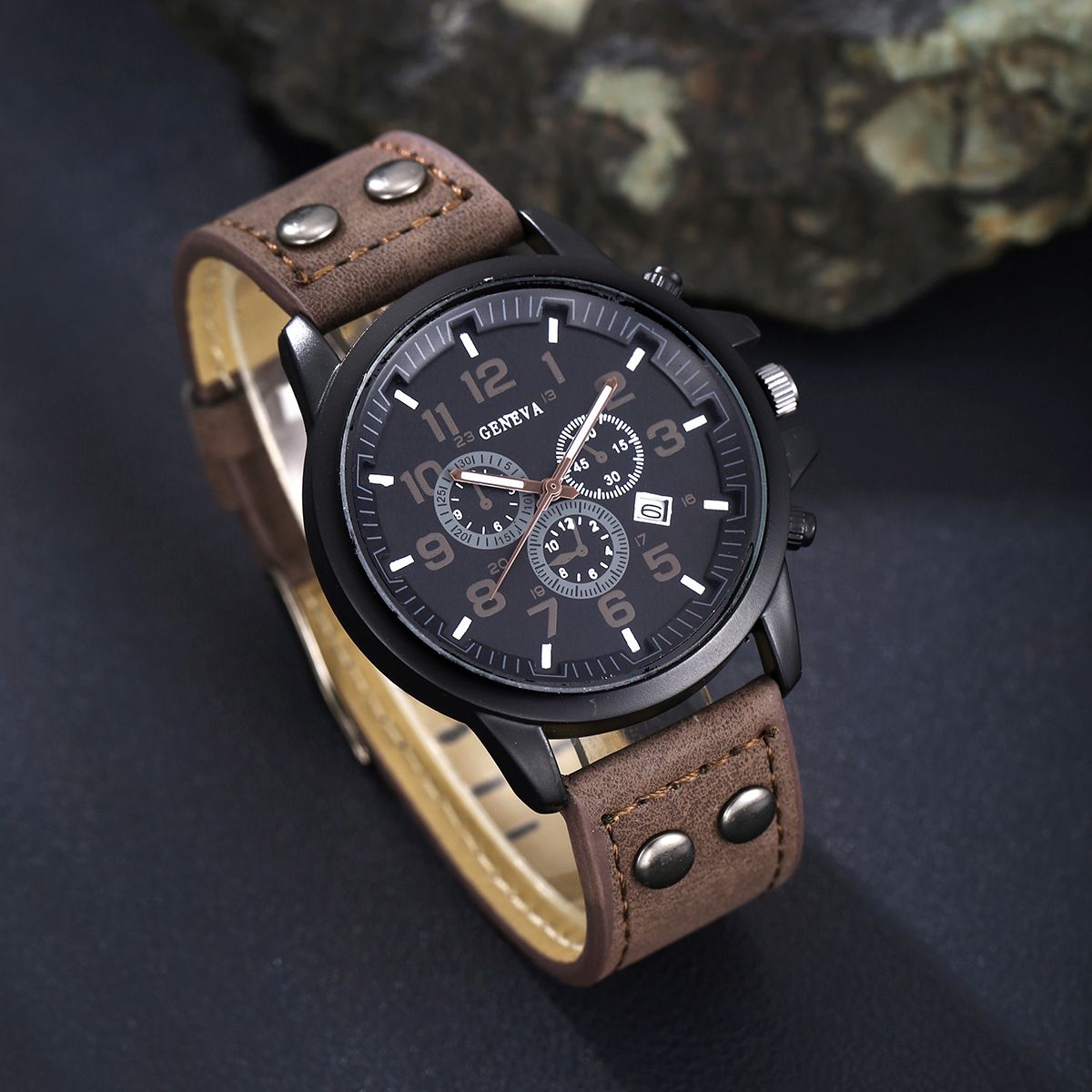 2025 New African Men's Watch Jewelry Set-Three-eye Digital Calendar Trend Casual Business Belt Quartz Watch,Beaded / Metal Bracelet Hand Rope Combo