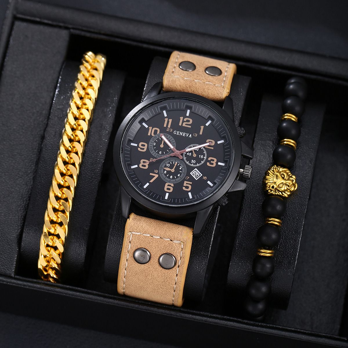 2025 New African Men's Watch Jewelry Set-Three-eye Digital Calendar Trend Casual Business Belt Quartz Watch,Beaded / Metal Bracelet Hand Rope Combo