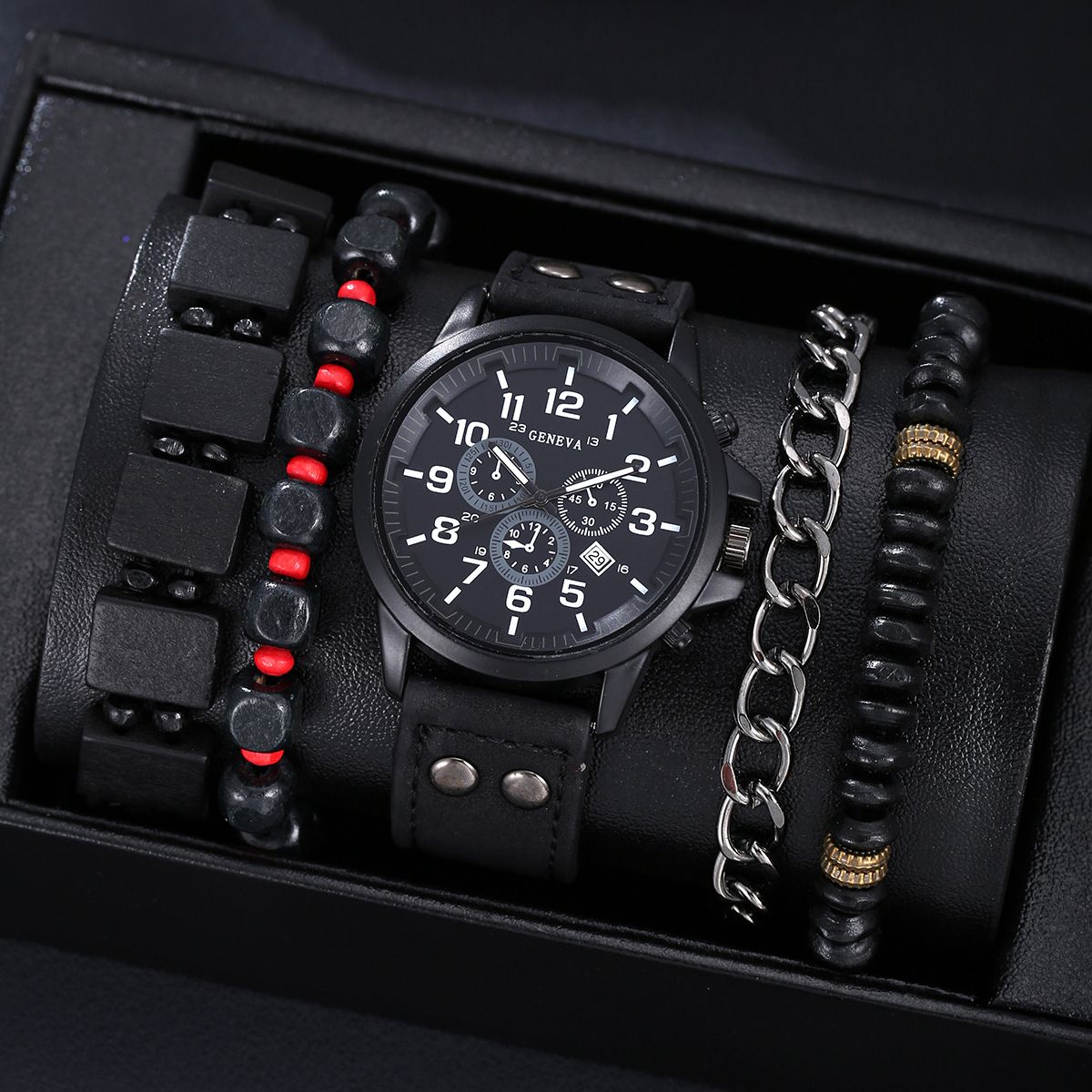2025 New African Men's Watch Jewelry Set-Three-eye Digital Calendar Trend Casual Business Belt Quartz Watch,Beaded / Metal Bracelet Hand Rope Combo