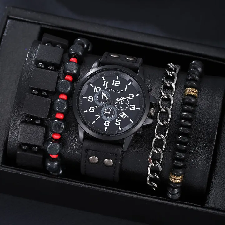 2025 New African Men's Watch Jewelry Set-Three-eye Digital Calendar Trend Casual Business Belt Quartz Watch,Beaded / Metal Bracelet Hand Rope Combo