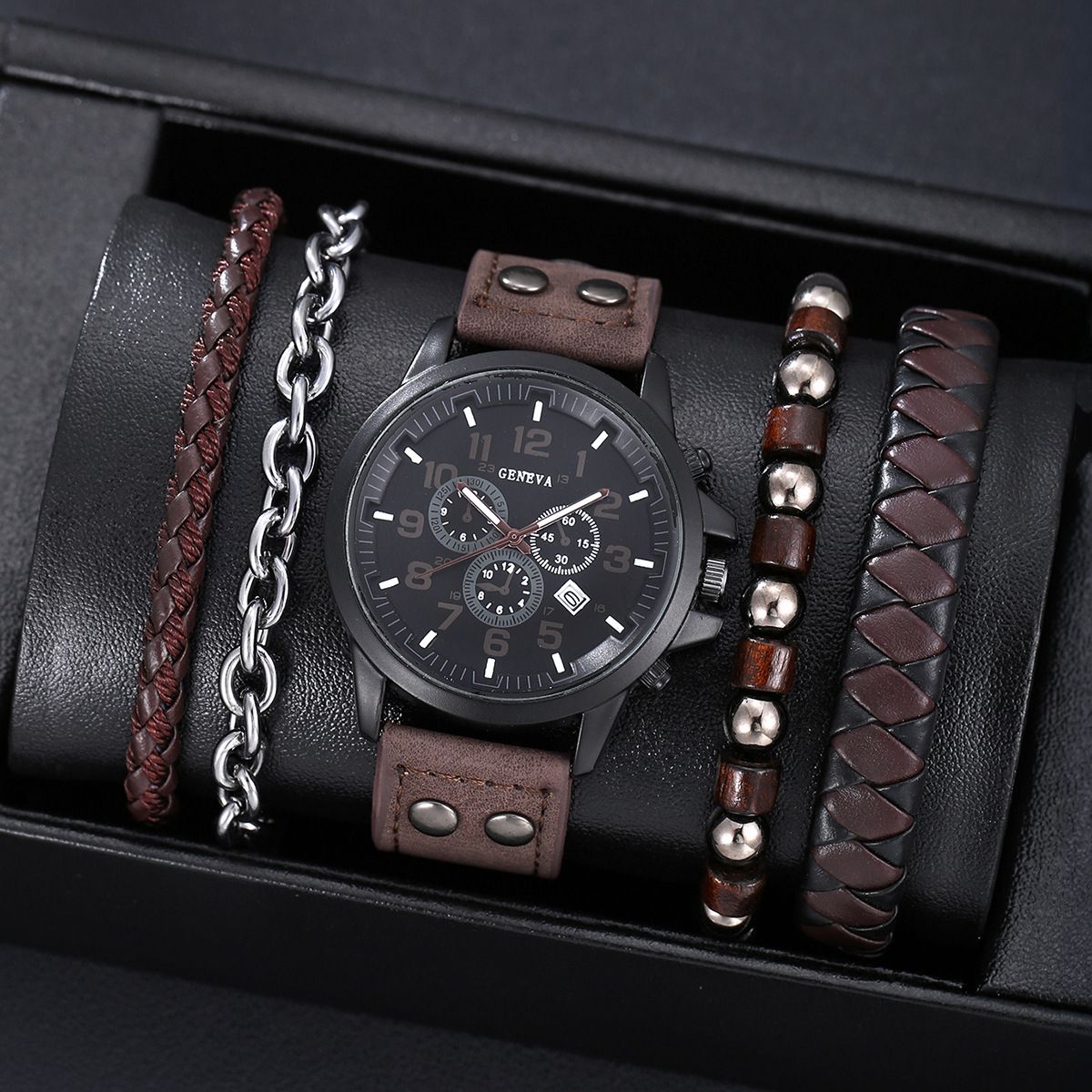 2025 New African Men's Watch Jewelry Set-Three-eye Digital Calendar Trend Casual Business Belt Quartz Watch,Beaded / Metal Bracelet Hand Rope Combo