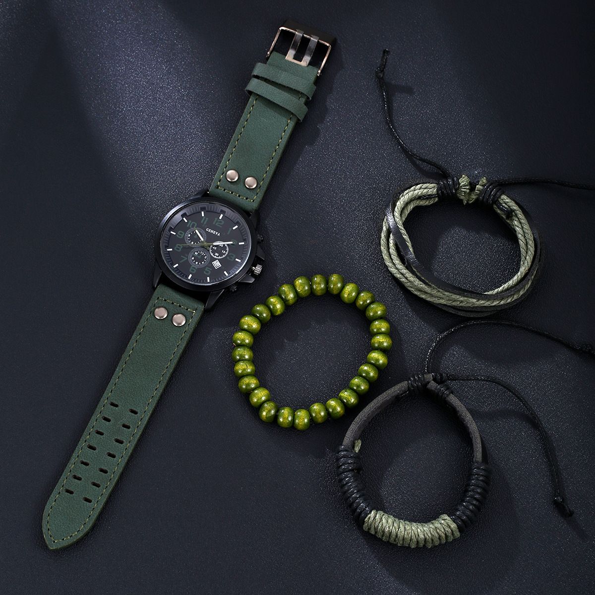 2025 New African Men's Watch Jewelry Set-Three-eye Digital Calendar Trend Casual Business Belt Quartz Watch,Beaded / Metal Bracelet Hand Rope Combo