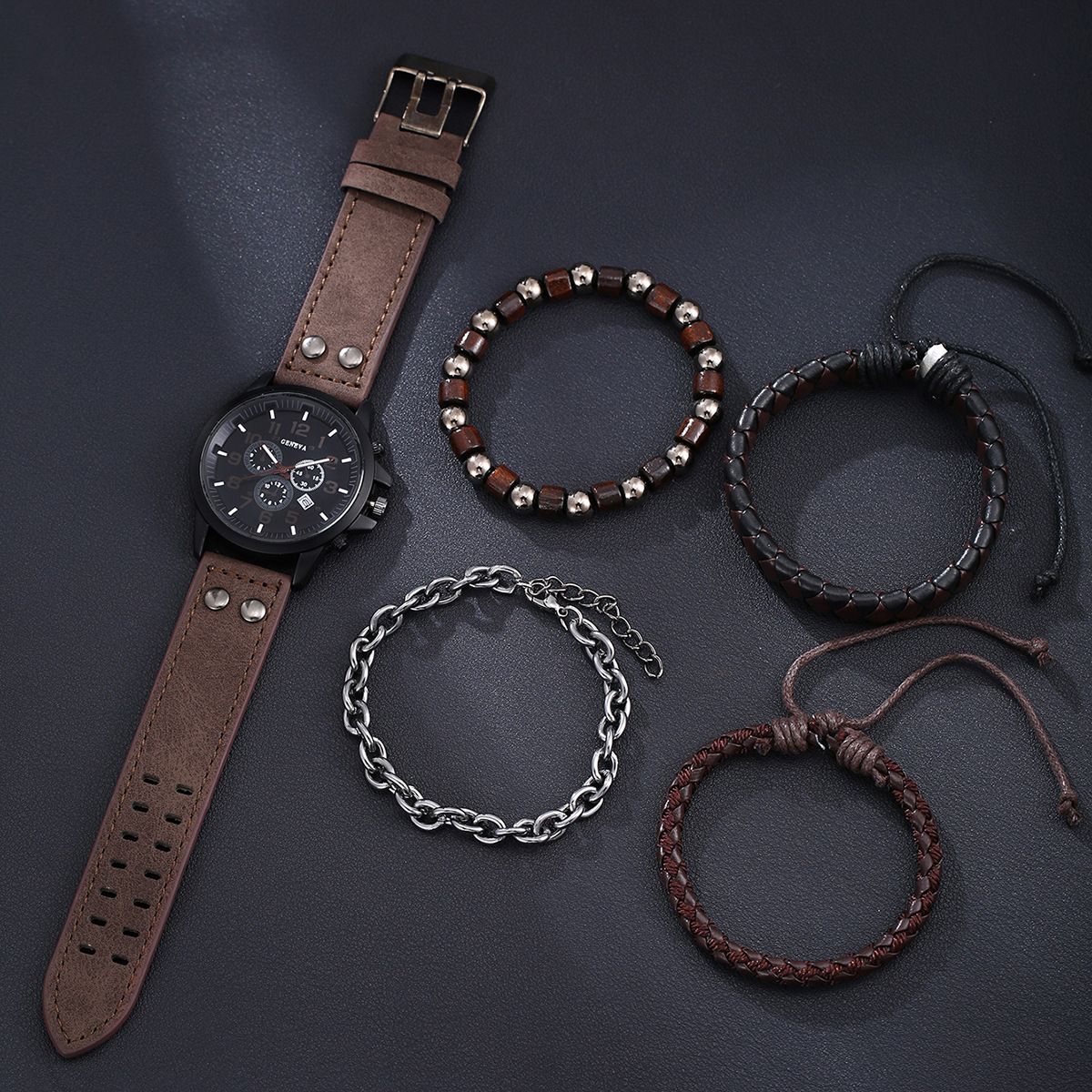 2025 New African Men's Watch Jewelry Set-Three-eye Digital Calendar Trend Casual Business Belt Quartz Watch,Beaded / Metal Bracelet Hand Rope Combo