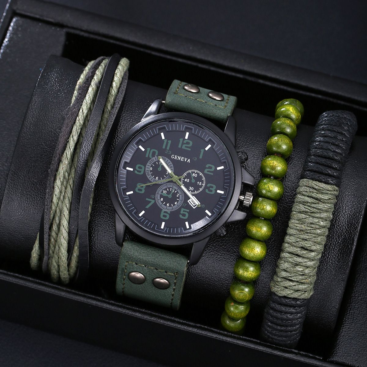 2025 New African Men's Watch Jewelry Set-Three-eye Digital Calendar Trend Casual Business Belt Quartz Watch,Beaded / Metal Bracelet Hand Rope Combo