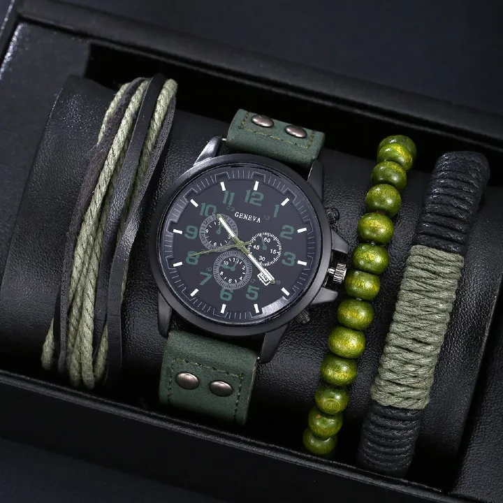 New African Men's Watch & Jewelry Set Three-Subdial Digital Calendar Quartz Watch Premium Leather Strap Trendy Casual Business Beaded Metal Bracelet Hand Rope Combo