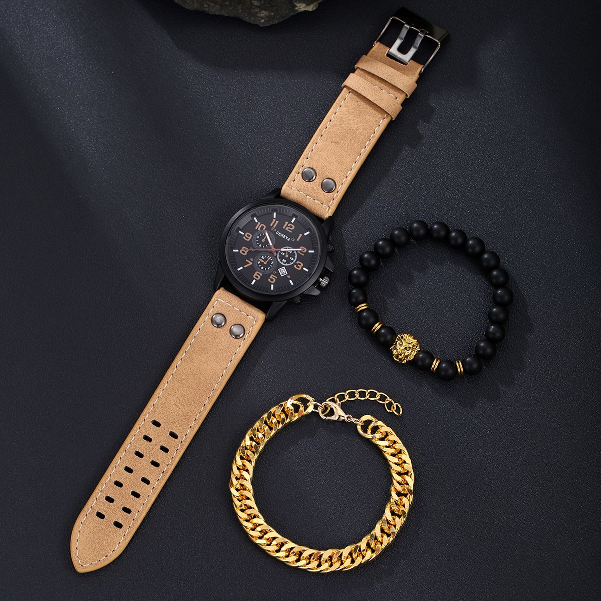 2025 New African Men's Watch Jewelry Set-Three-eye Digital Calendar Trend Casual Business Belt Quartz Watch,Beaded / Metal Bracelet Hand Rope Combo