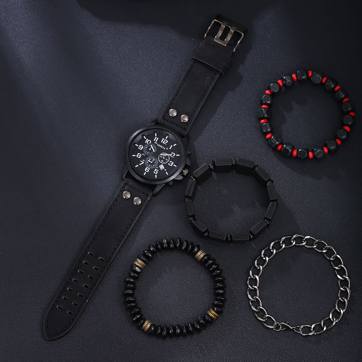 2025 New African Men's Watch Jewelry Set-Three-eye Digital Calendar Trend Casual Business Belt Quartz Watch,Beaded / Metal Bracelet Hand Rope Combo
