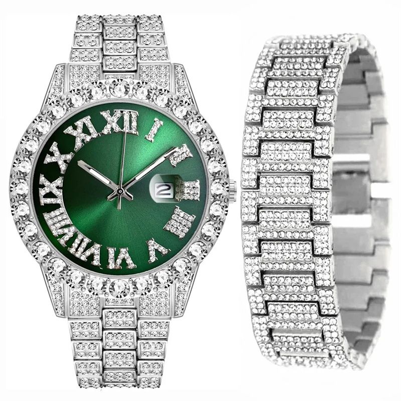 African-inspired Luxury Hip-Hop Men's Watch Set - Diamond-Accented Ice Watch & Cuban Link Bracelet