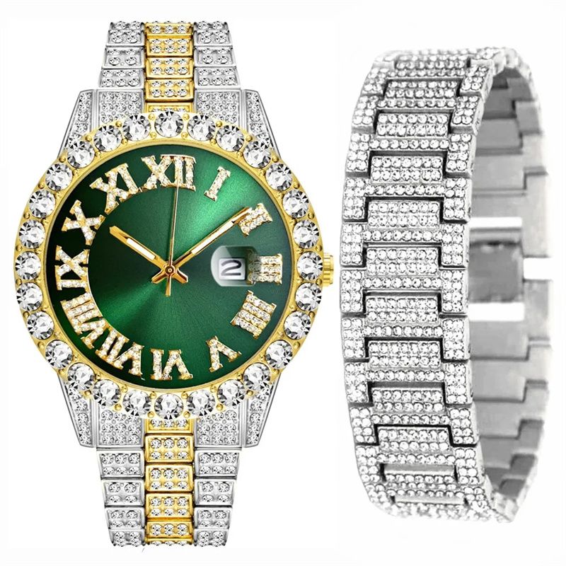 African-inspired Luxury Hip-Hop Men's Watch Set - Diamond-Accented Ice Watch & Cuban Link Bracelet