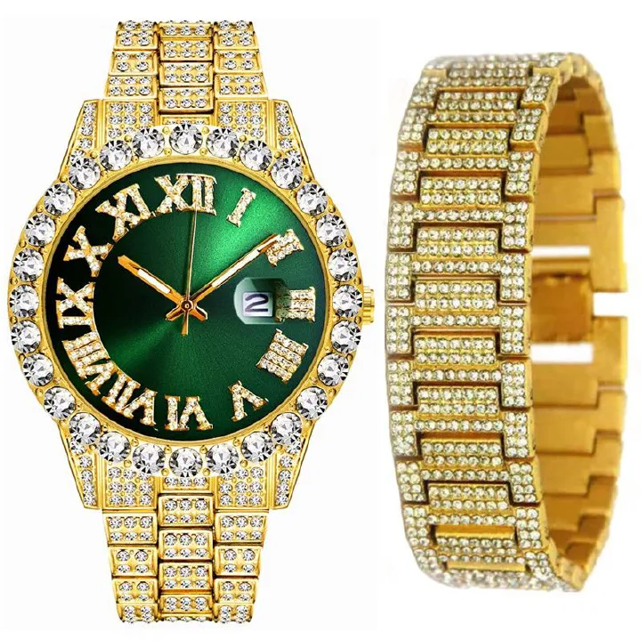African-inspired Luxury Hip-Hop Men's Watch Set - Diamond-Accented Ice Watch & Cuban Link Bracelet