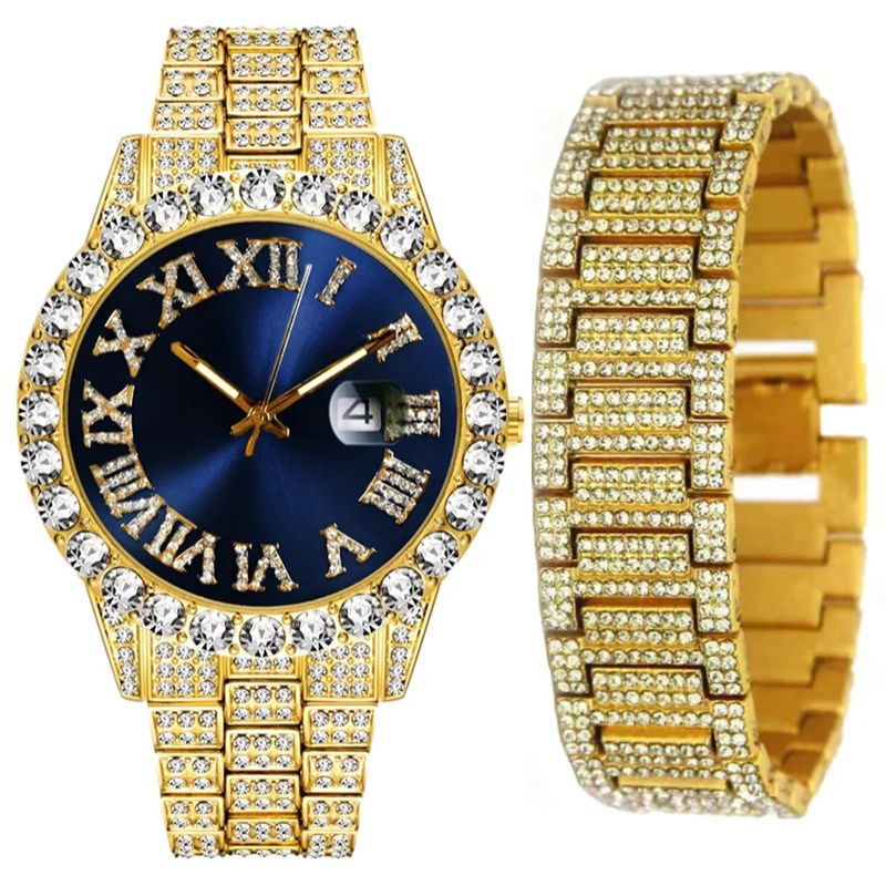 African-inspired Luxury Hip-Hop Men's Watch Set - Diamond-Accented Ice Watch & Cuban Link Bracelet