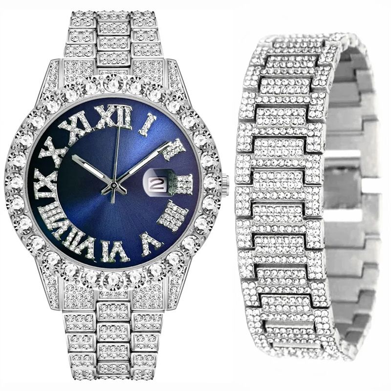 African-inspired Luxury Hip-Hop Men's Watch Set - Diamond-Accented Ice Watch & Cuban Link Bracelet